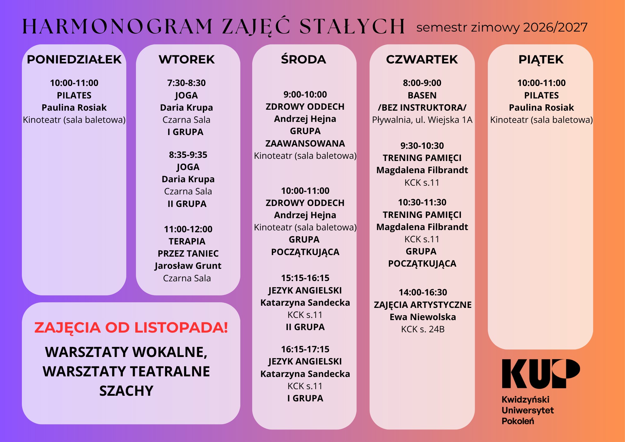 harmonogram zajęć stałych